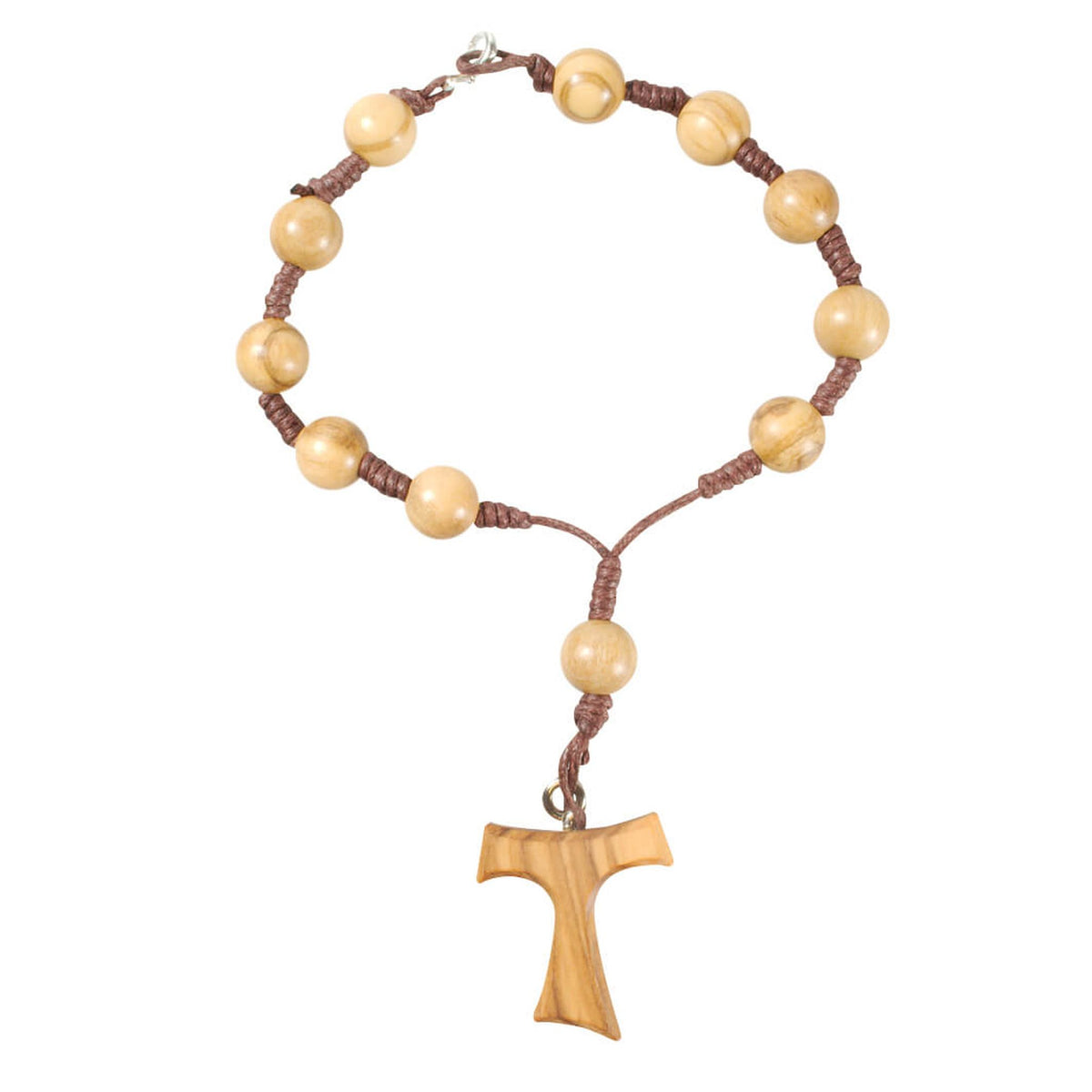 Zehner-Rosenkranz aus Olivenholz mit Tau-Kreuz und Federring