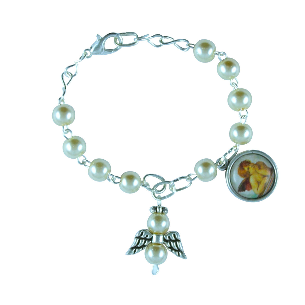 Rosenkranz-Armband Weiß mit Schutzengel 12,5 cm