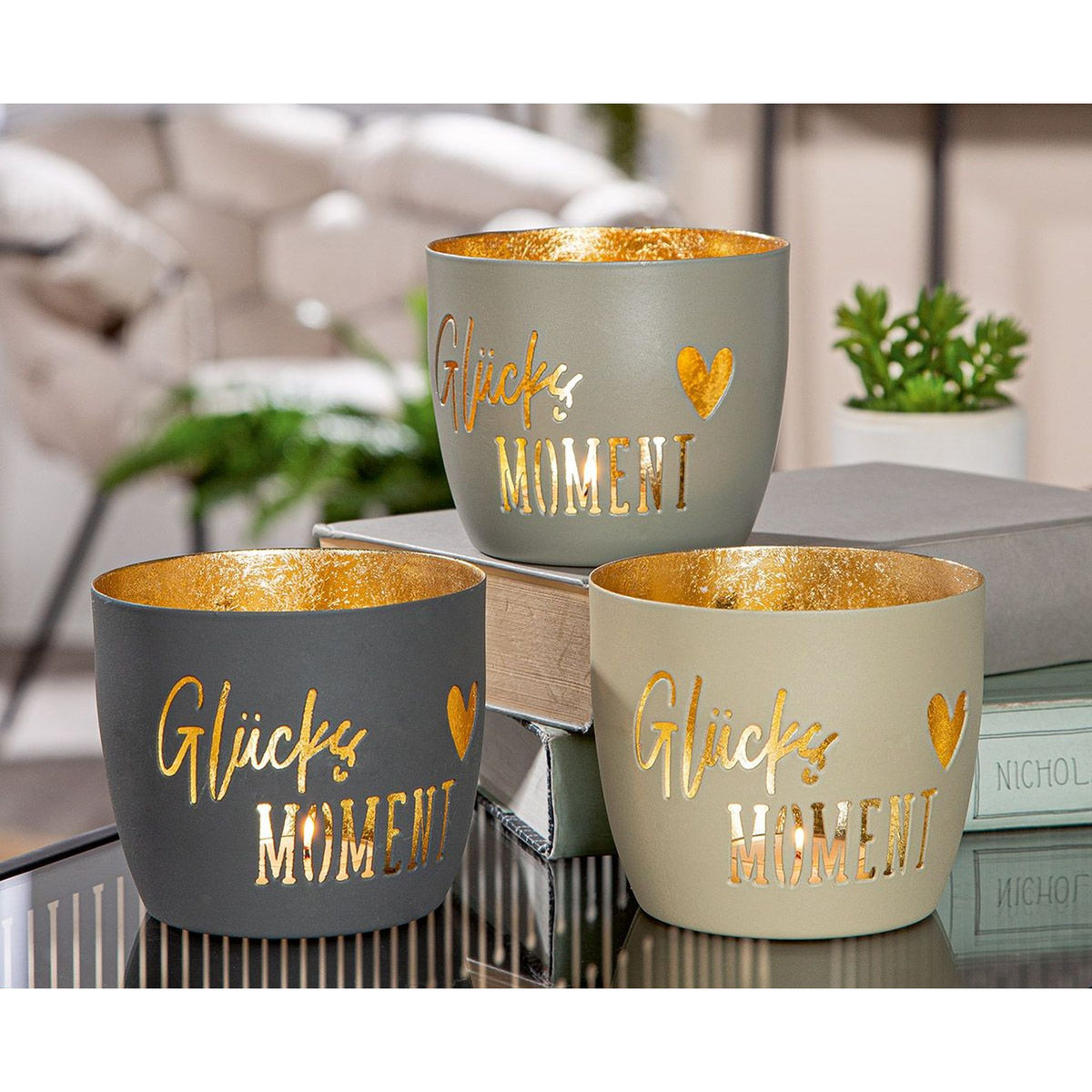 Windlicht aus Metall "Glücksmoment" Beige