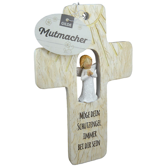 GILDE Schutzengelkreuz "Mutmacher" Polyresin Grün Braun 18 x 11,5 cm