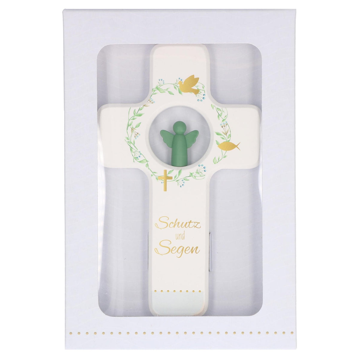 Kinderkreuz "Schutz und Segen" Eiche Weiß farbig bedruckt 18 x 11 cm