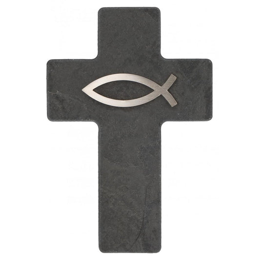 Schieferkreuz mit Fisch aus Edelstahl Grau 11 cm