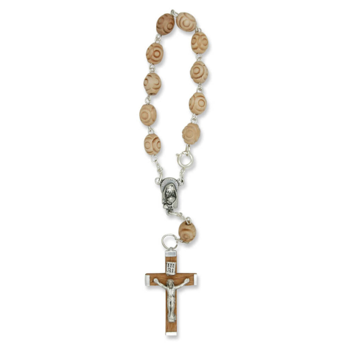 Zehner-Rosenkranz mit Holzperlen in Rosenform Hellbraun