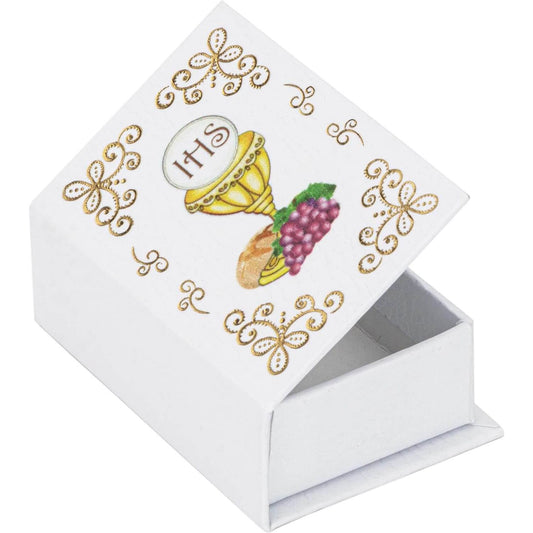Rosenkranz-Etui Naturpapier in Buchform "Kelch/IHS" 7 x 4,5 x 2,5 cm