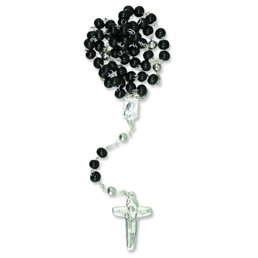 Rosenkranz mit Holzperle und silberner Vater Unser Perle Schwarz ca. 40 cm