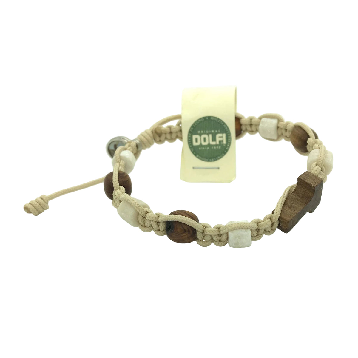 Armband mit fünf Olivenholzperlen, Steinen und Tau-Kreuz