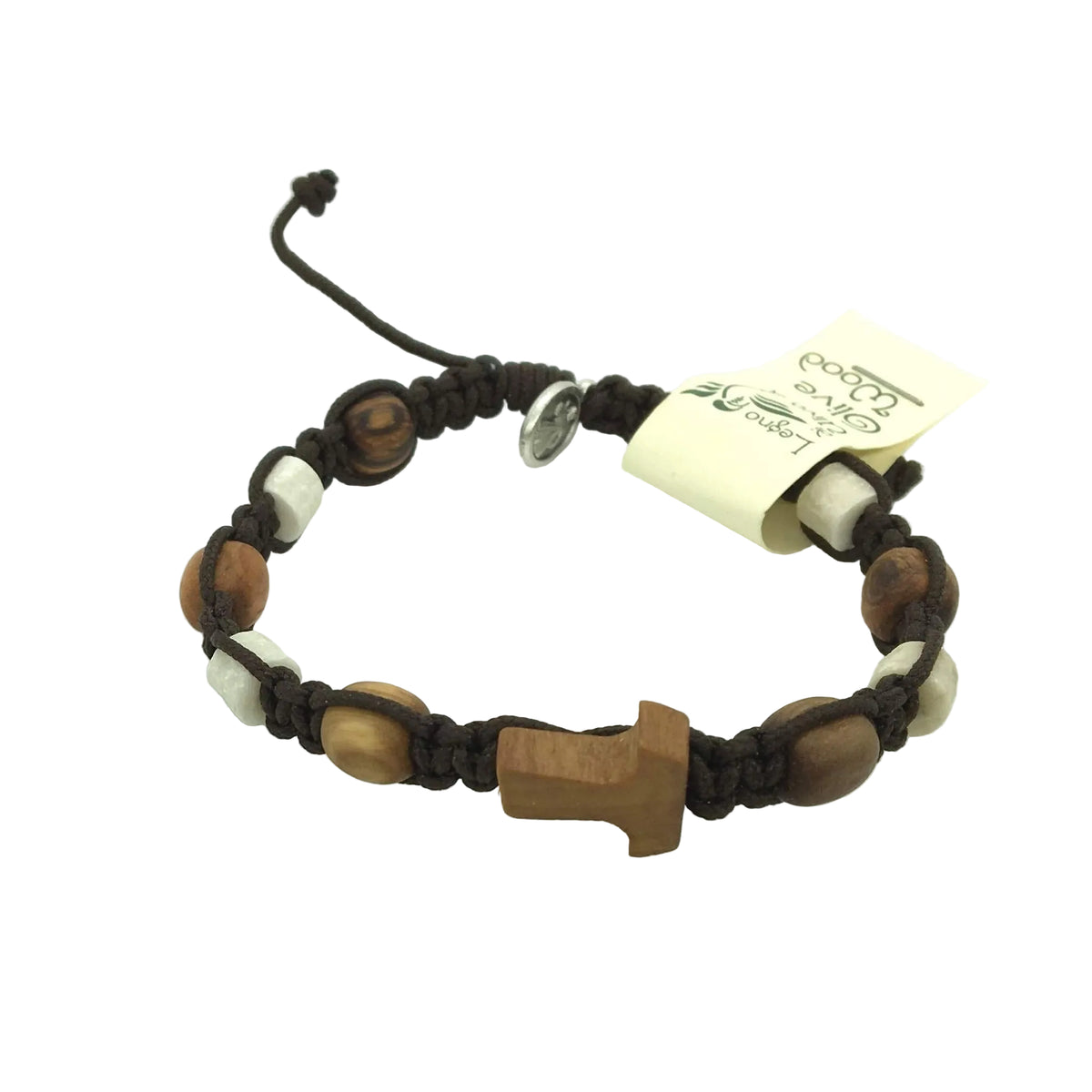 Armband mit fünf Olivenholzperlen, Steinen und Tau-Kreuz