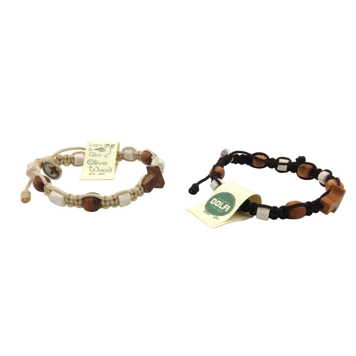 Armband mit fünf Olivenholzperlen, Steinen und Tau-Kreuz