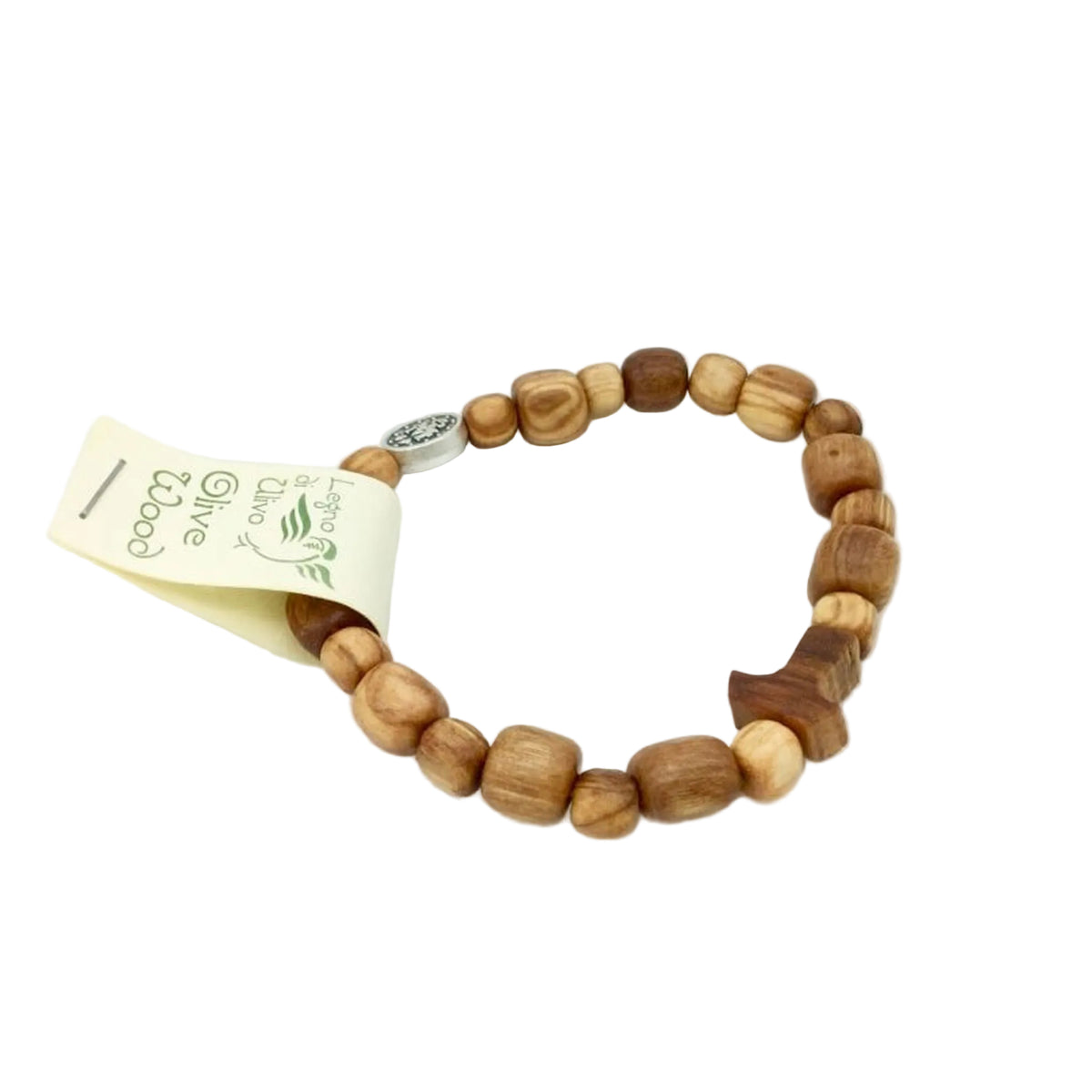 Armband aus Olivenholzperlen mit Taukreuz und Gummiband