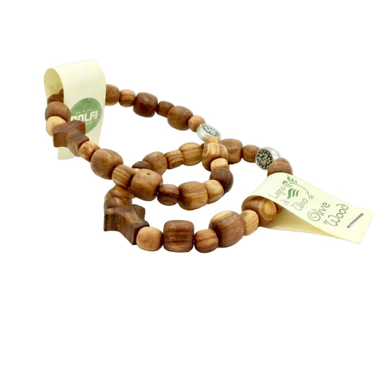 Armband aus Olivenholzperlen mit Taukreuz und Gummiband