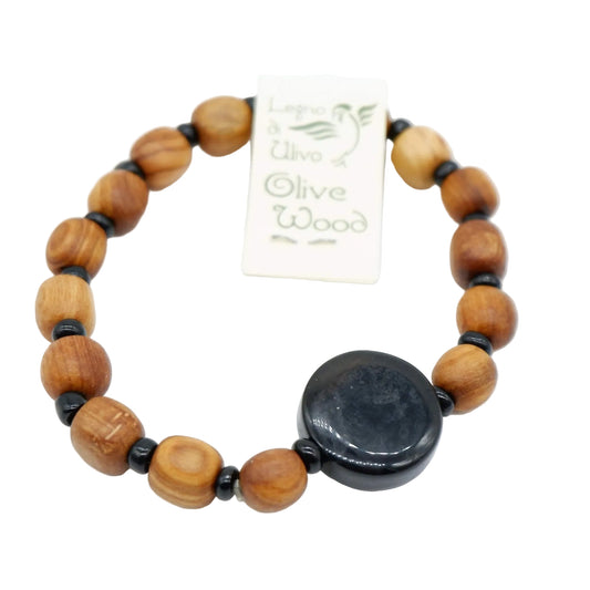 Armband mit Olivenholzperlen und hochwertigen Stein Schwarz