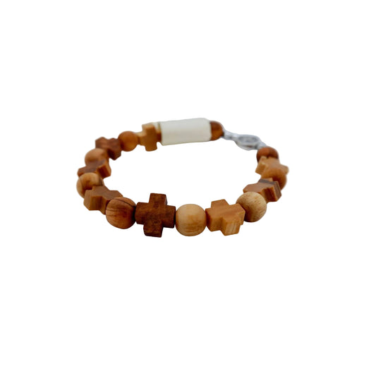Armband aus Olivenholzperlen mit Kreuzen und Gummiband