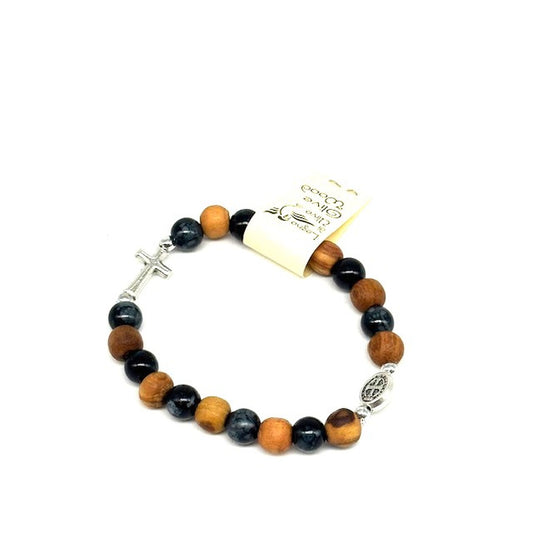 Armband Prayer mit Olivenholzperlen und hochwertigen Steinen schwarz Metallkreuz