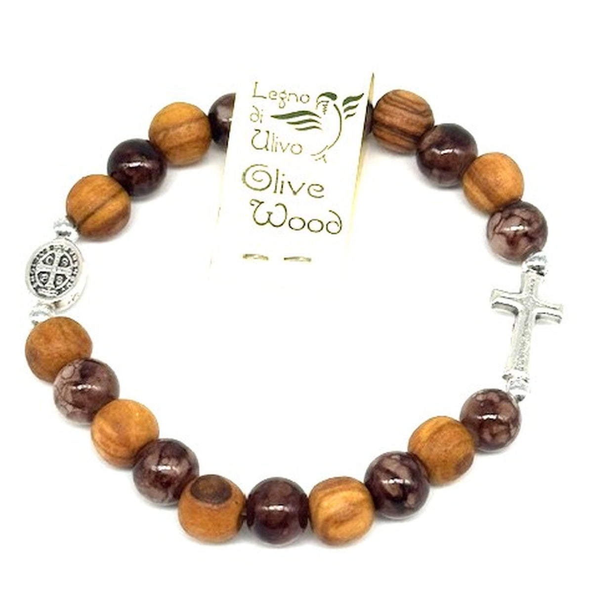 Armband Prayer mit Olivenholzperlen und hochwertigen Steinen braun Metallkreuz