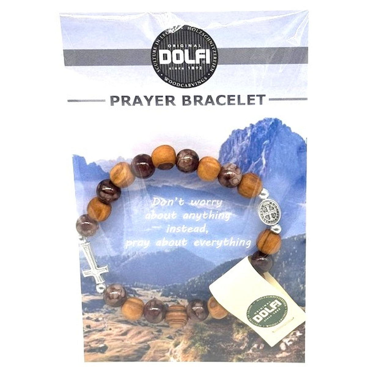 Armband Prayer mit Olivenholzperlen und hochwertigen Steinen braun Metallkreuz