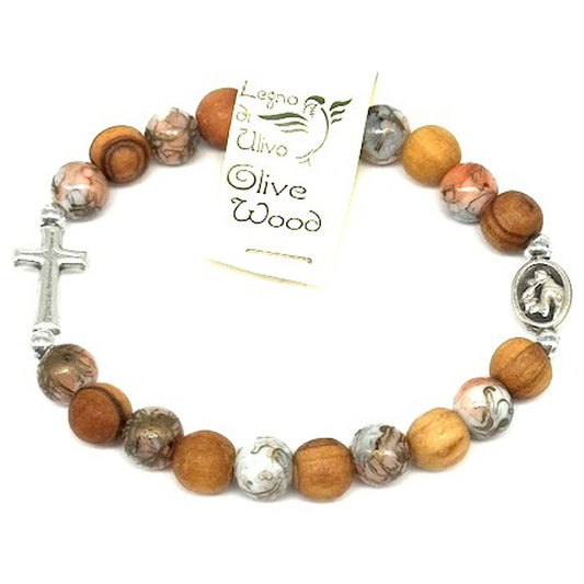 Armband Prayer mit Olivenholzperlen und hochwertigen Steinen bunt Metallkreuz