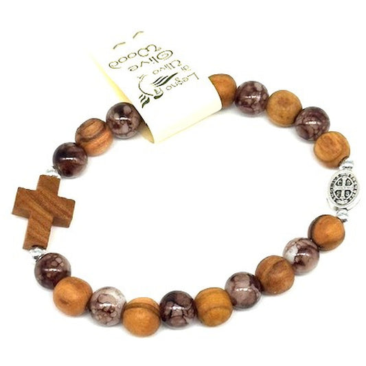 Armband Prayer mit Olivenholzperlen und hochwertigen Steinen braun Holzkreuz