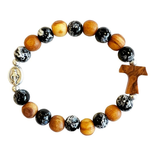 Armband Prayer mit Olivenholzperlen und hochwertigen Steinen schwarz Tau-Kreuz