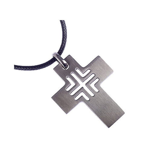 Halskette mit kleinem Kreuzanhänger aus Edelstahl und Baumwollband