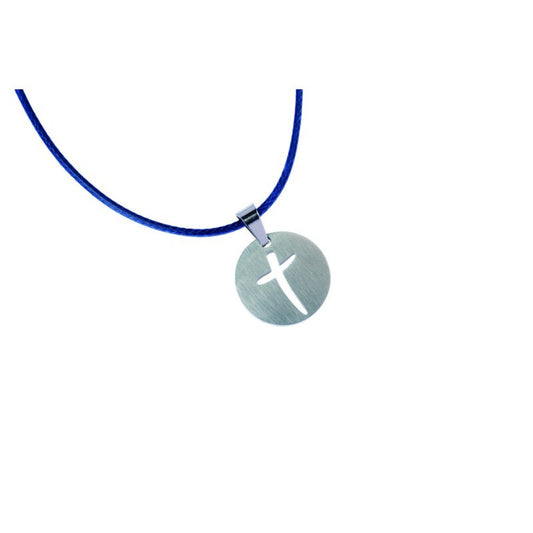 Halskette mit rundem Kreuzanhänger aus Edelstahl und Baumwollband blau, lila