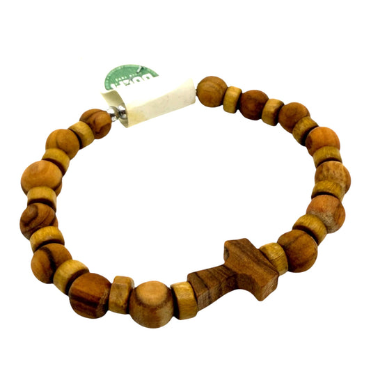 Armband aus Olivenholzperlen mit Taukreuz, Scheiben und Gummiband