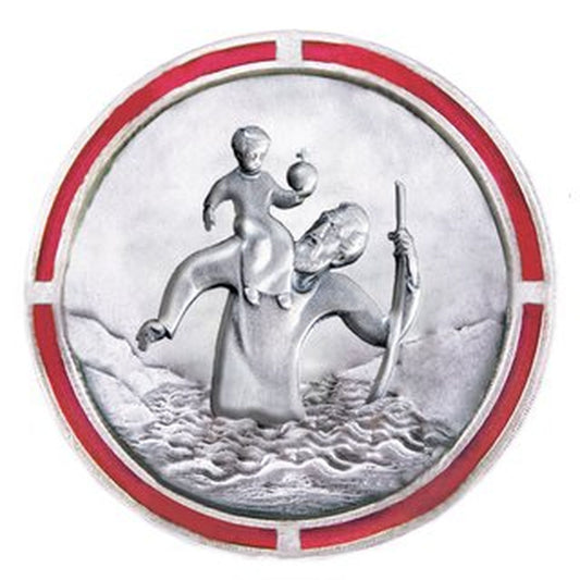 Autoplakette mit Christophorus-Motiv und farbigem Rand Rot