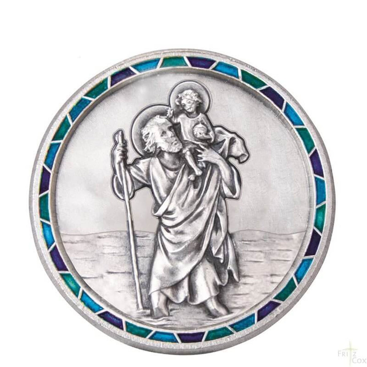 Autoplakette mit Christophorus-Motiv und Mosaik-Rand Blau