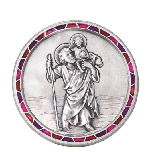 Autoplakette mit Christophorus-Motiv und Mosaik-Rand Rot