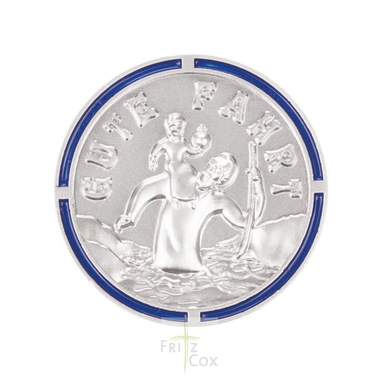 Autoplakette mit Christophorus-Motiv "Gute Fahrt" und farbigem Rand Blau