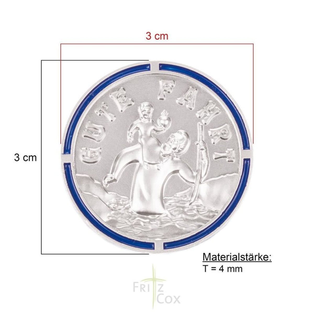 Autoplakette mit Christophorus-Motiv "Gute Fahrt" und farbigem Rand Blau