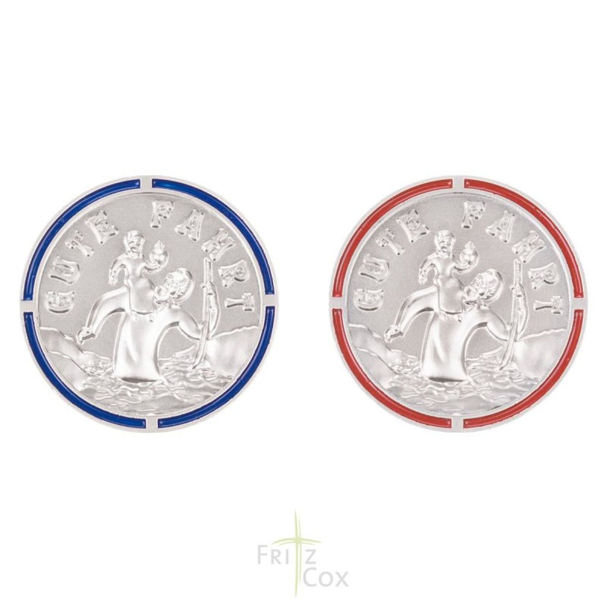 Autoplakette mit Christophorus-Motiv "Gute Fahrt" und farbigem Rand Blau