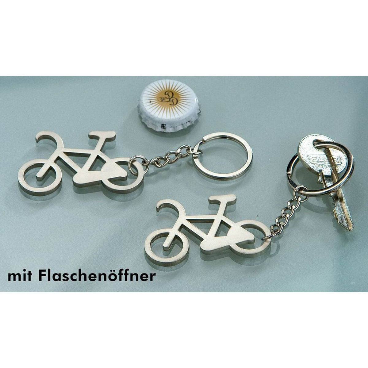 Gilde Metall Schlüsselanhänger Bike mit Flaschenöffner silber