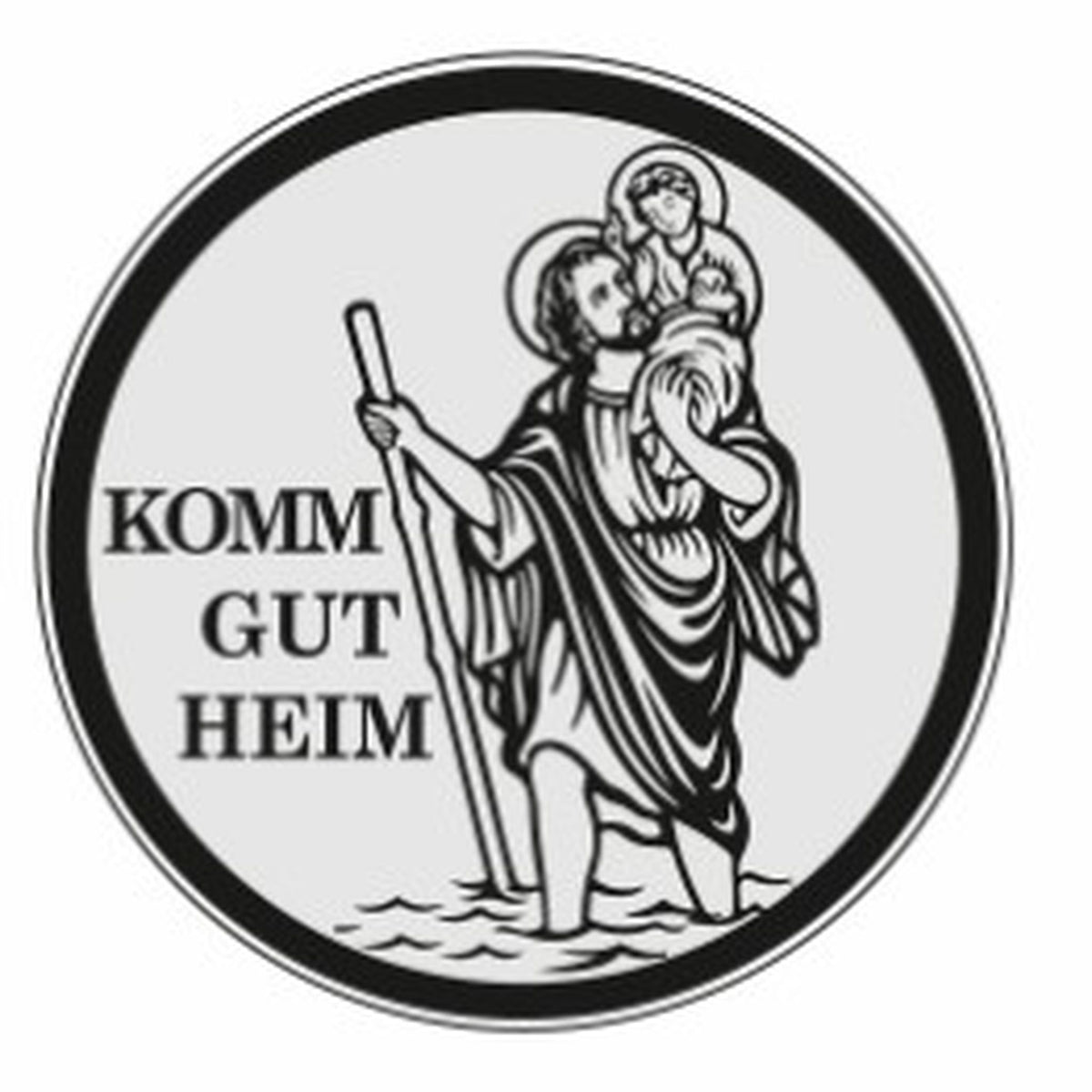 Christophorus-Plakette zum Kleben "Komm gut heim" silber 3,5 cm