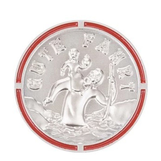 Autoplakette mit Christophorus-Motiv "Gute Fahrt" und farbigem Rand Rot