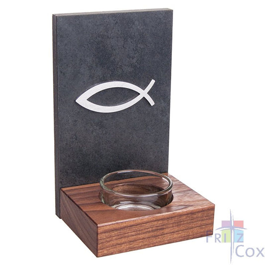 Schiefer-Nussbaum Weihwasserkessel "Fisch" mit Becken aus Glas Grau 15 x 9 cm
