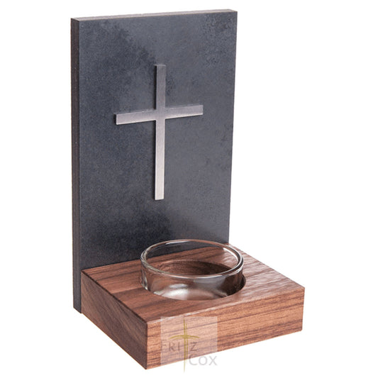 Schiefer-Nussbaum Weihwasserkessel "Kreuz" mit Becken aus Glas Grau 15 x 9 cm