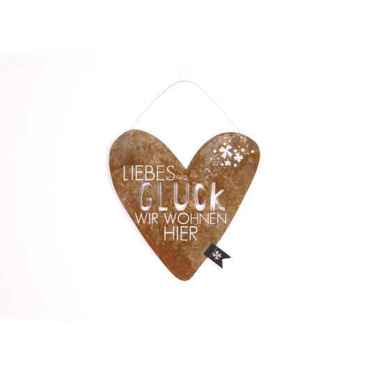 Metall-Herzschild "Liebes Glück wir wohnen hier"  19 x 19 cm