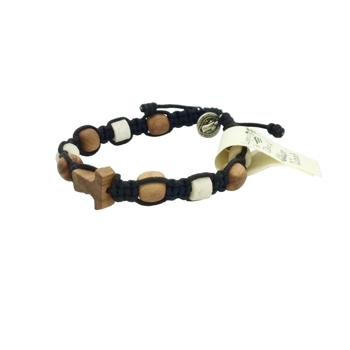 Armband mit fünf Olivenholzperlen, Steinen und Tau-Kreuz