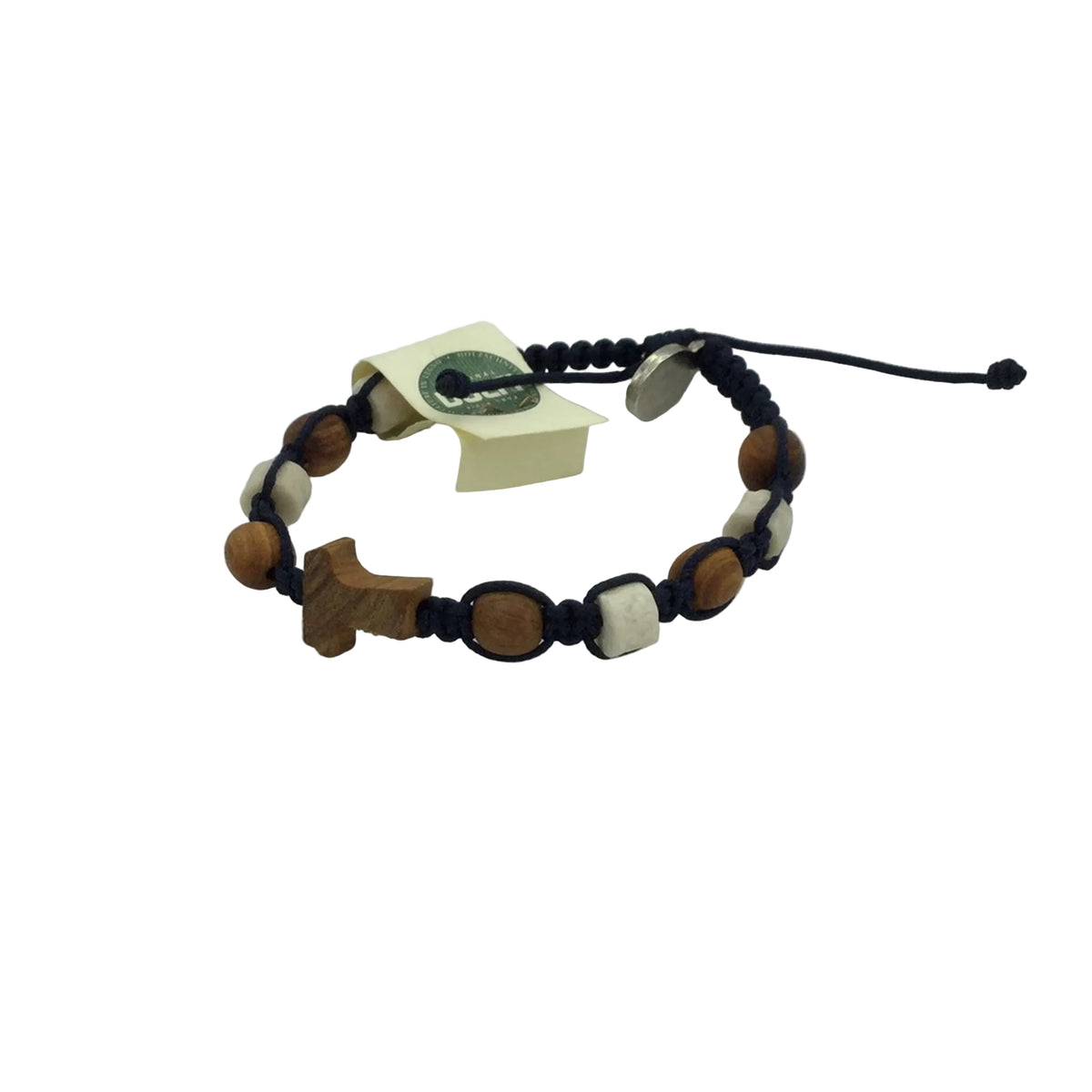 Armband mit fünf Olivenholzperlen, Steinen und Tau-Kreuz