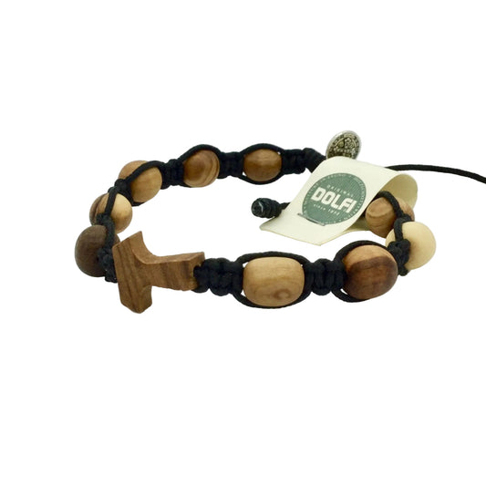 Armband mit zehn Olivenholzperlen und Tau-Kreuz