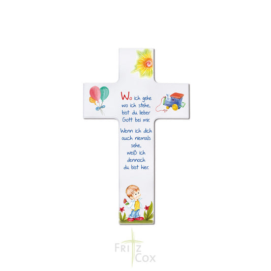 Kinderkreuz "Wo ich gehe, wo ich stehe" Junge Weiß 20 cm